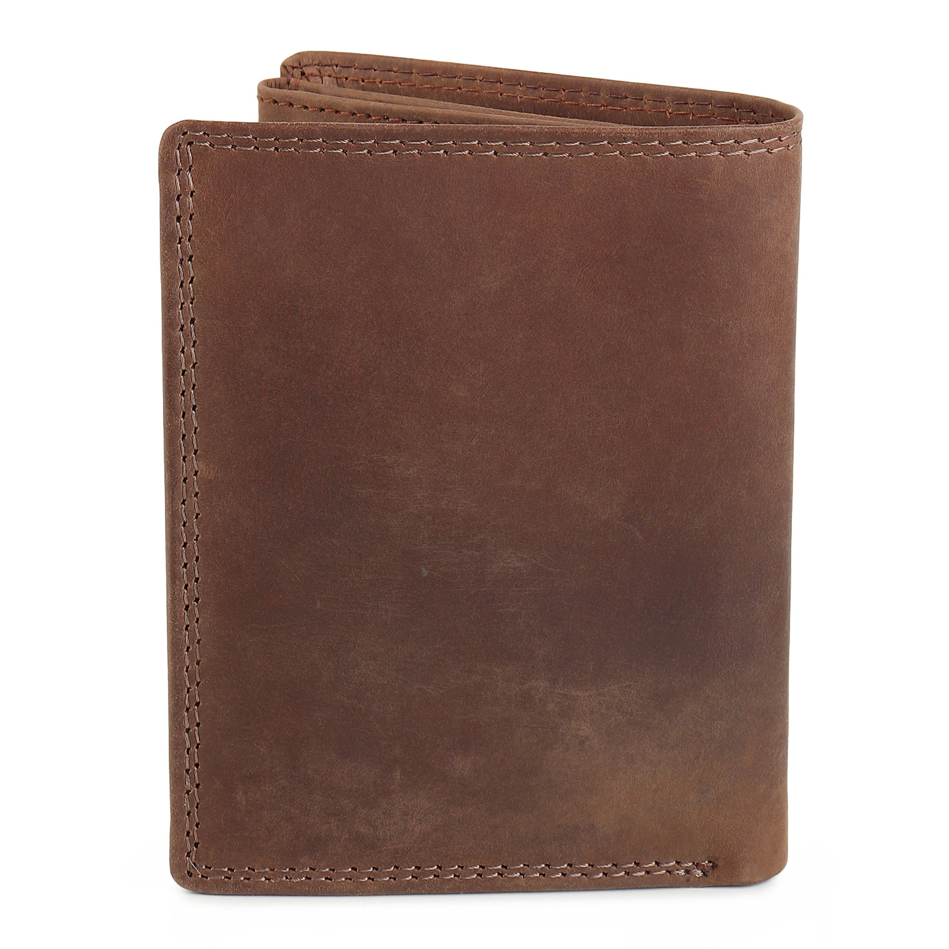 Men's brown leather wallet side view with stitched border and curved edge.