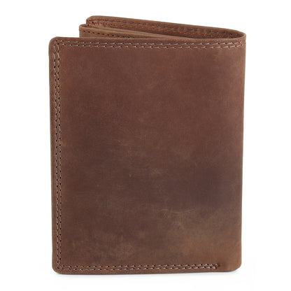 Men's brown leather wallet side view with stitched border and curved edge.