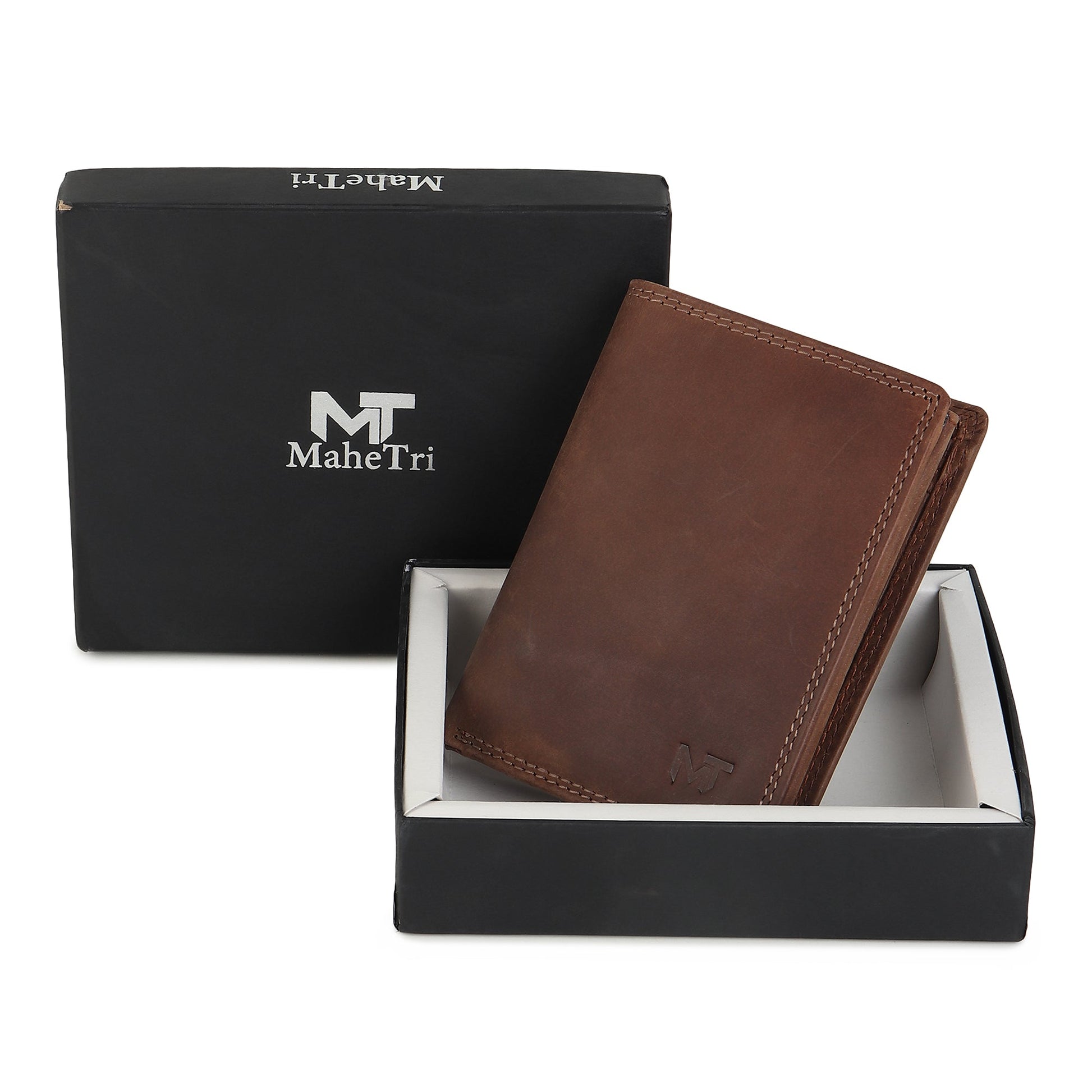 Men's brown leather wallet beside gift box with MaheTri logo.