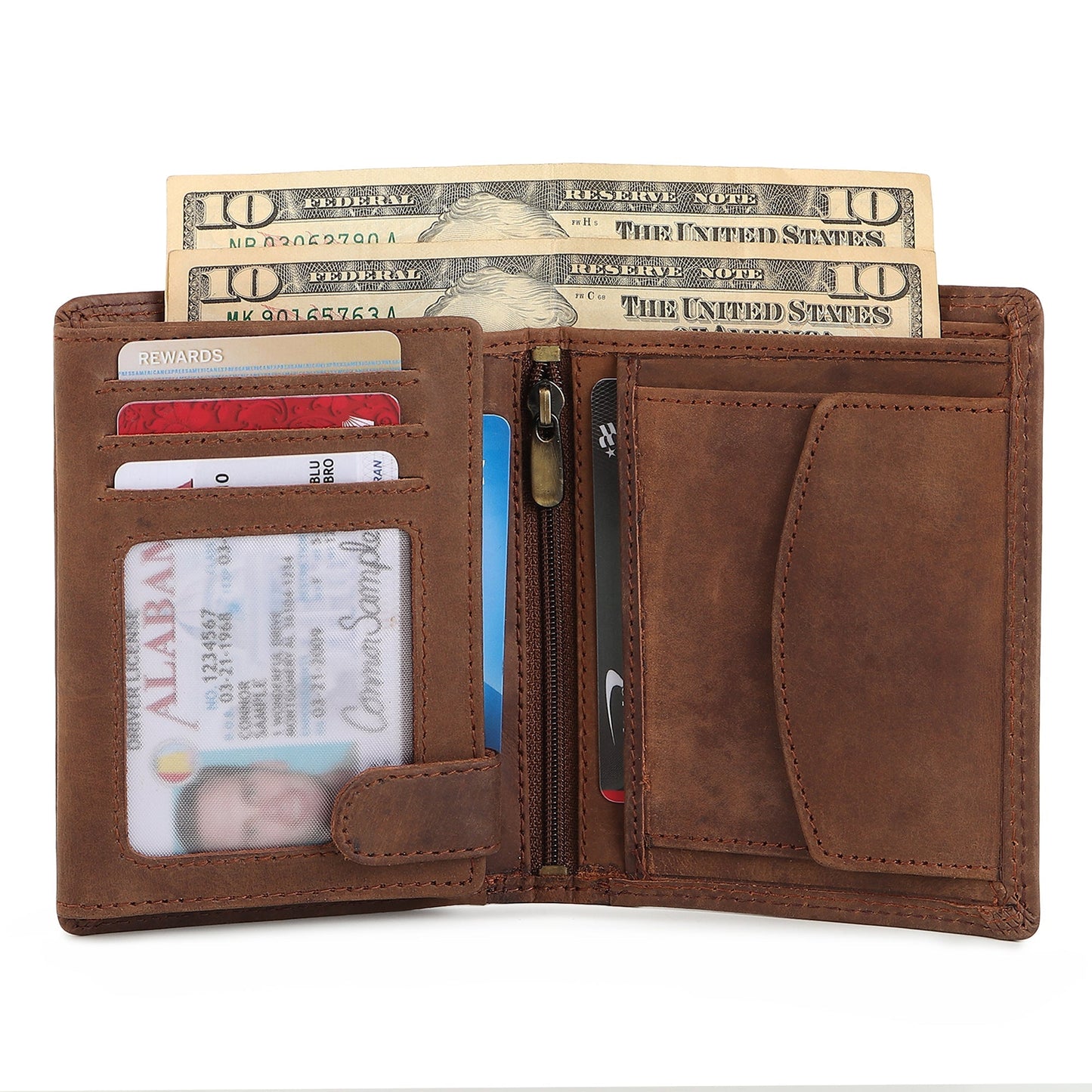 Men's leather wallet opened with card slots and paper money visible inside.