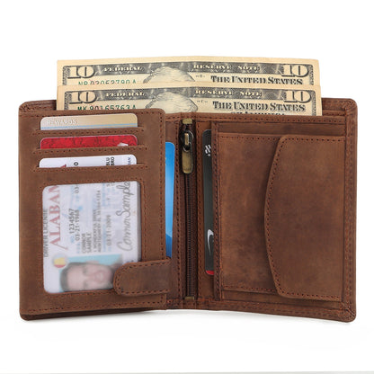Men's leather wallet opened with card slots and paper money visible inside.