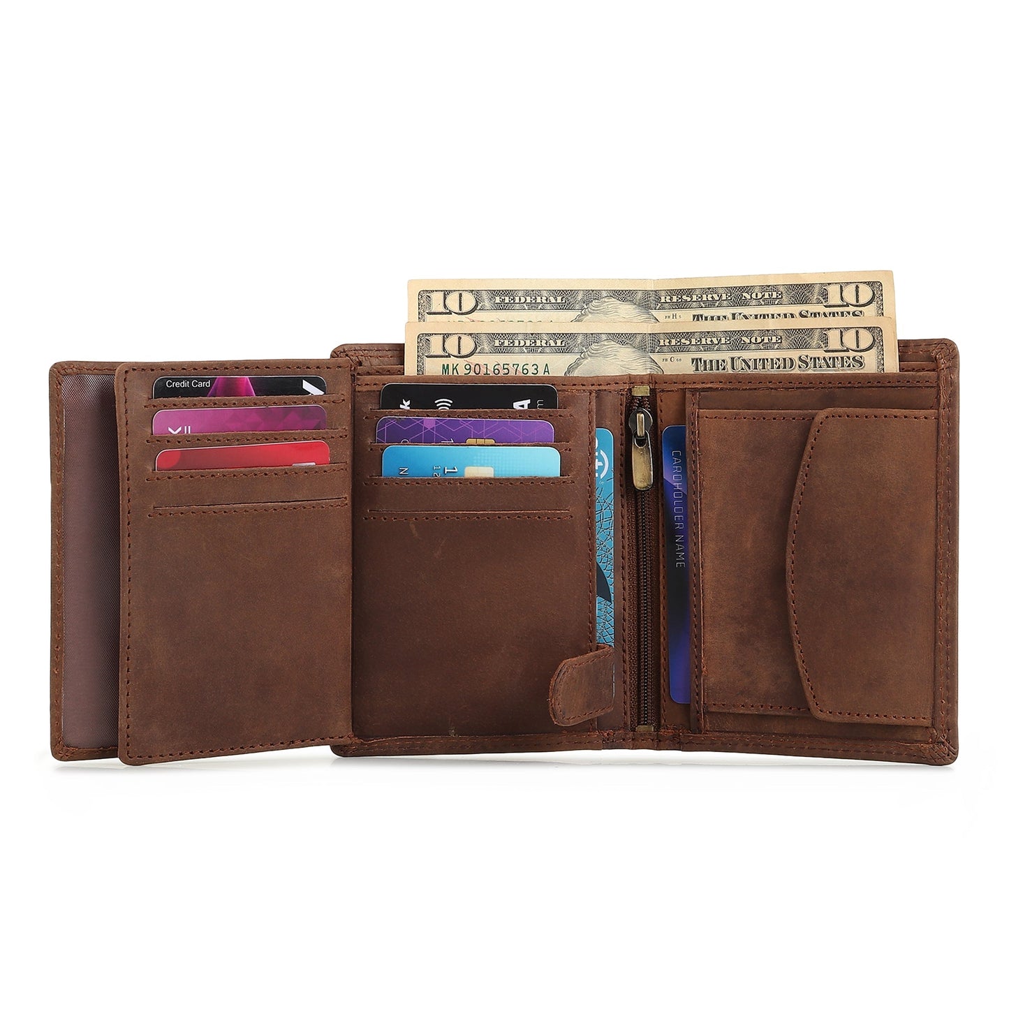 Men's leather wallet opened, showing multiple card slots and bill compartment.