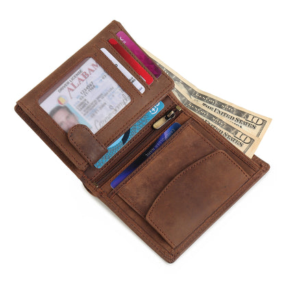 Men's leather wallet opened, showing card slots, bill compartment, and coin pocket.