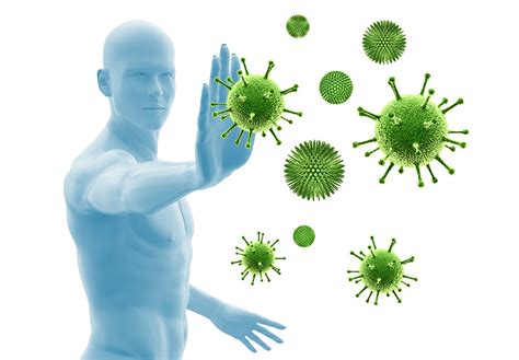 Immune support supplement, human figure with green virus cell icons