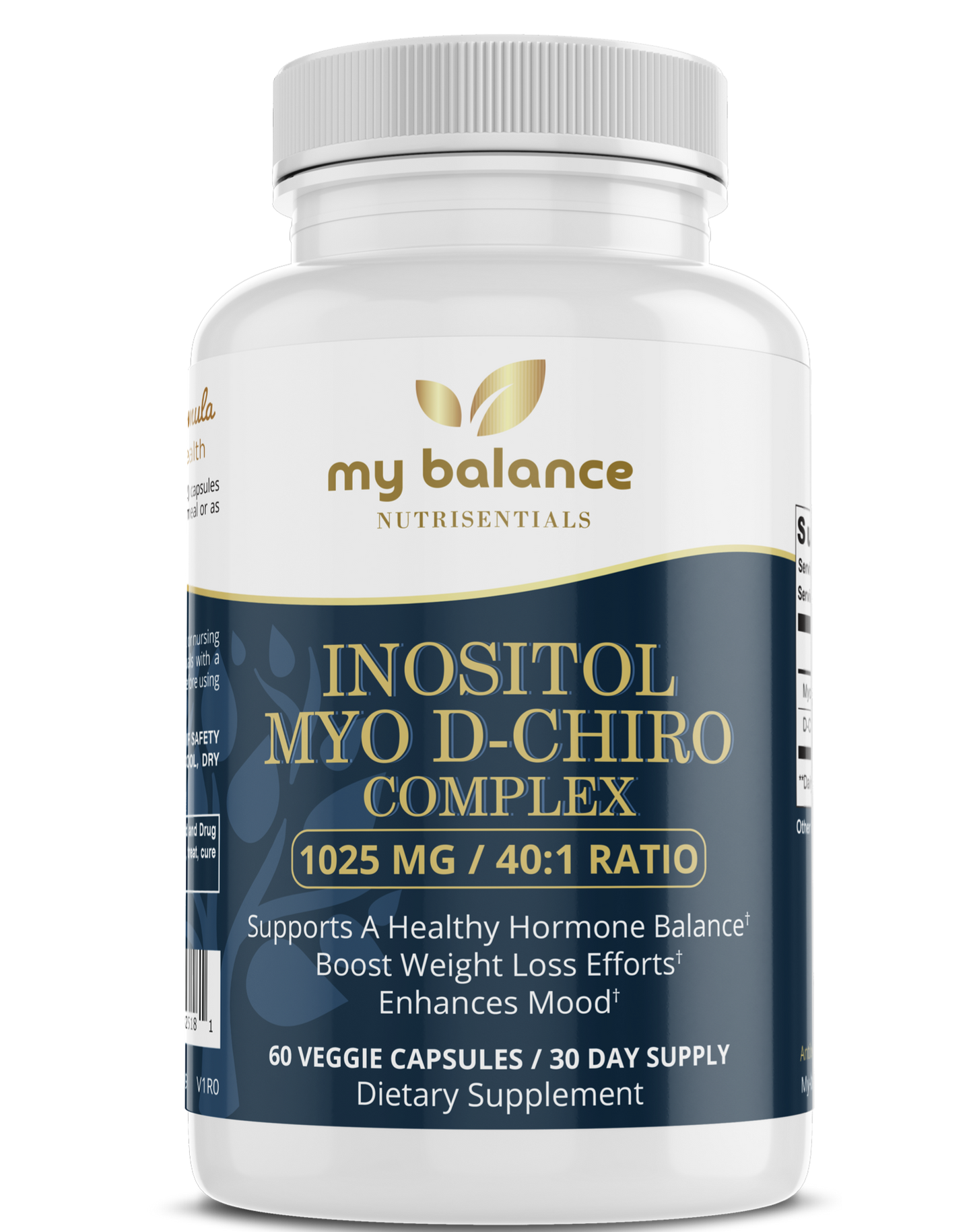 Inositol supplement bottle, white, with My Balance Myo D-Chiro complex label