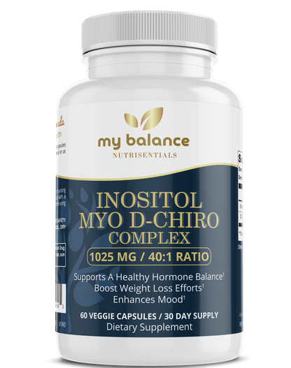 Inositol supplement bottle, white, with My Balance Myo D-Chiro complex label