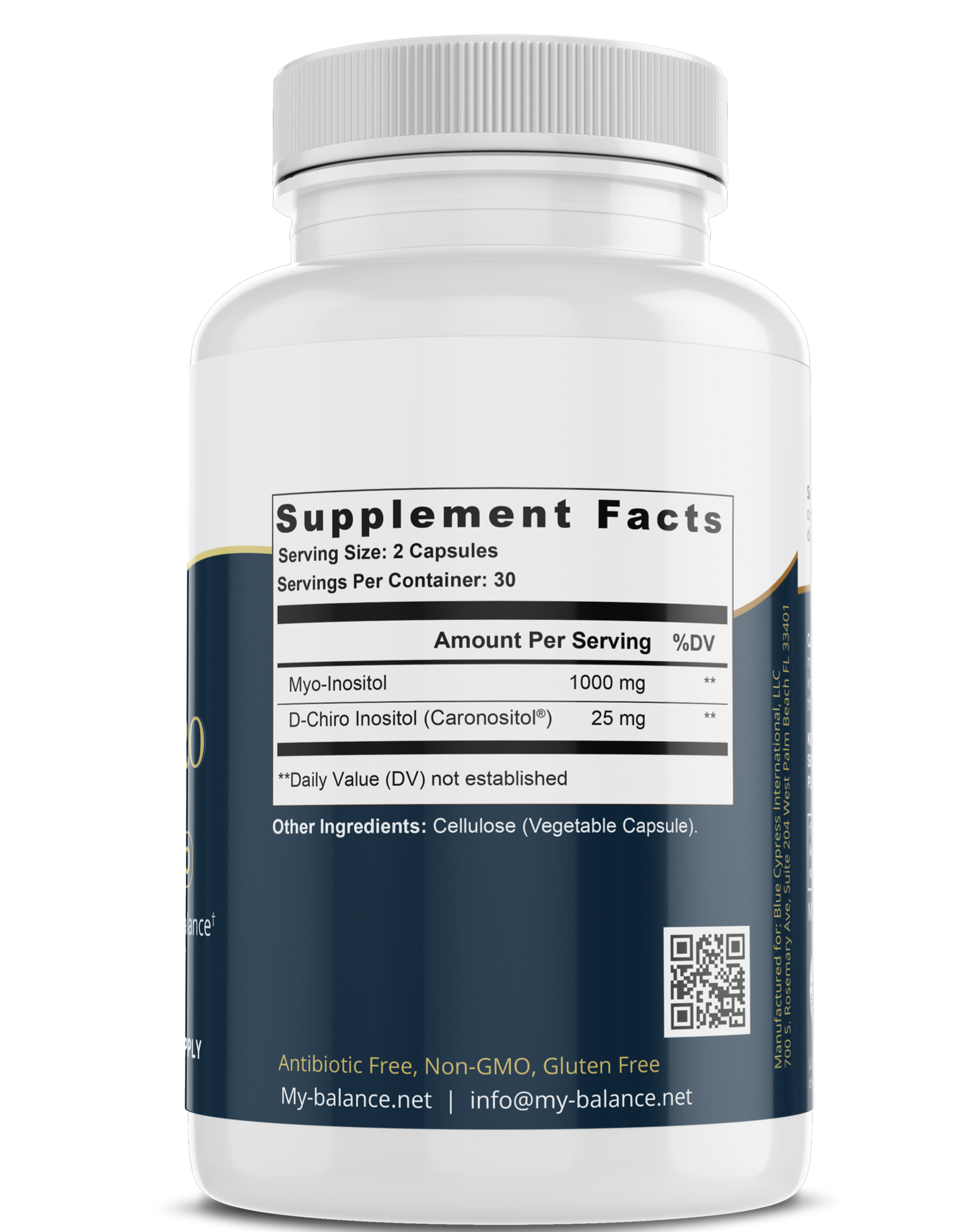 Inositol supplement bottle back label with Supplement Facts panel and barcode