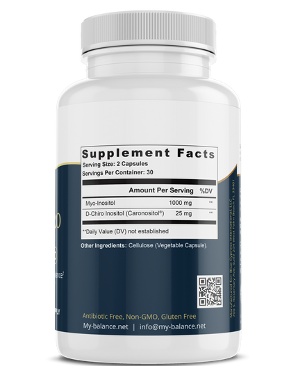 Inositol supplement bottle back label with Supplement Facts panel and barcode