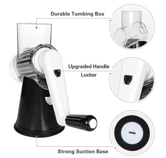 Black-and-white manual grater with stainless drum and strong suction base
