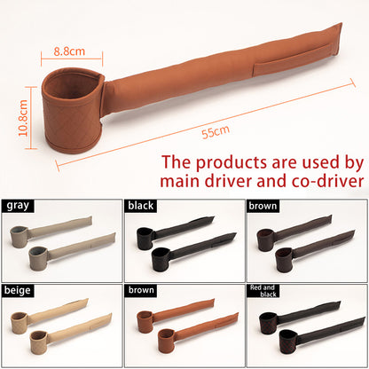 Brown leather car seat gap filler with end cup; size markings shown