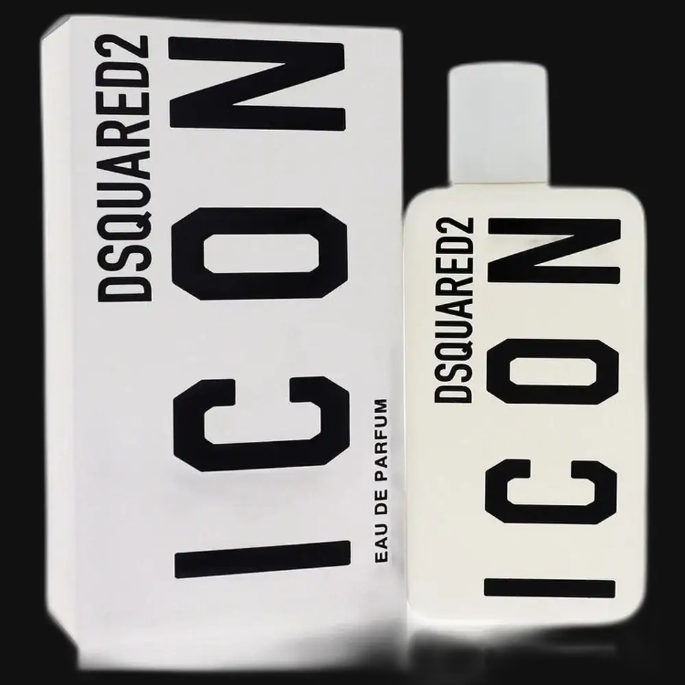 Women's perfume bottle with matching box, white label and black logo, spray cap