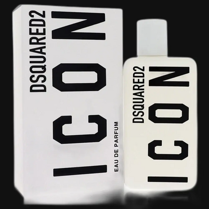 Women's perfume bottle with matching box, white label and black logo, spray cap