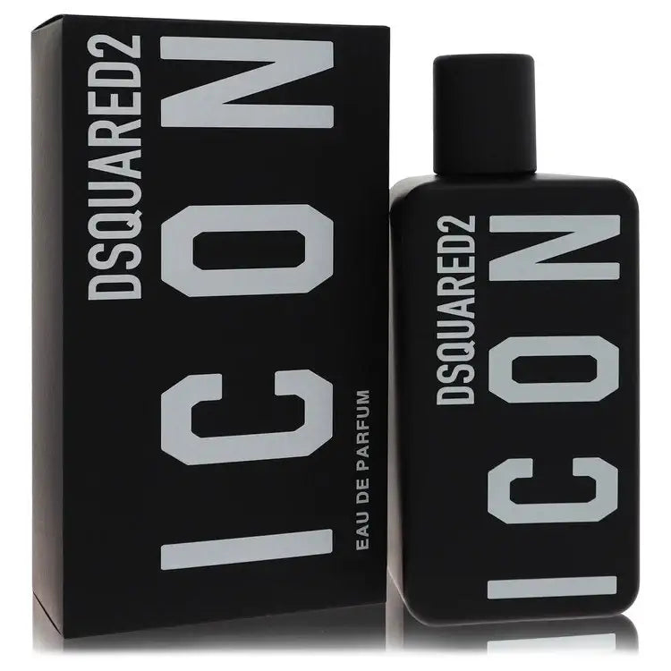 Dsquared2 Icon Pour Homme eau de parfum, black bottle beside printed box