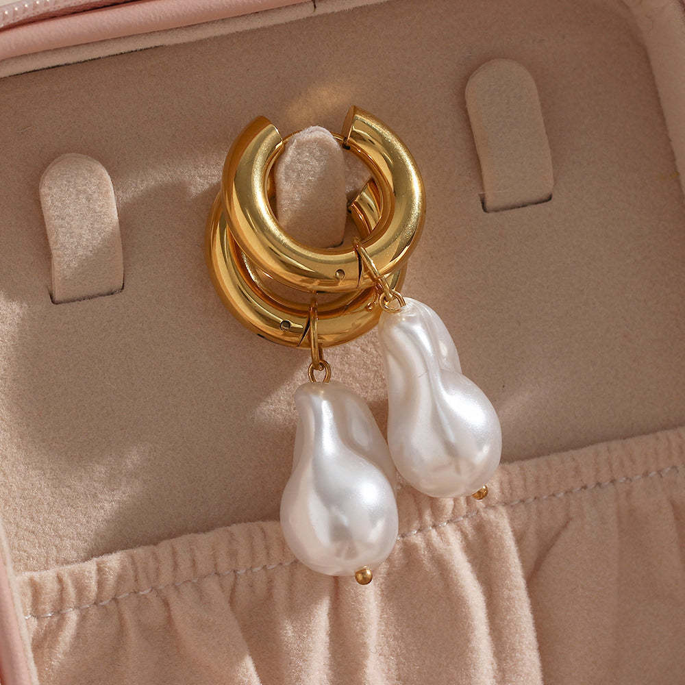 Gold-tone hoop earrings with white water-drop synthetic pearl drops