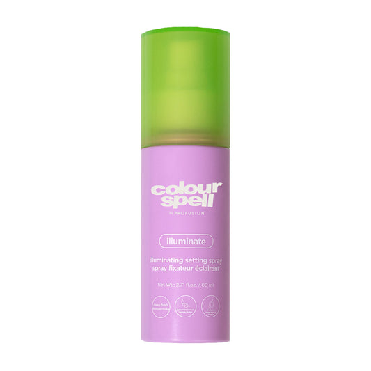 Illuminating setting spray bottle with green cap, purple label, Colour Spell.