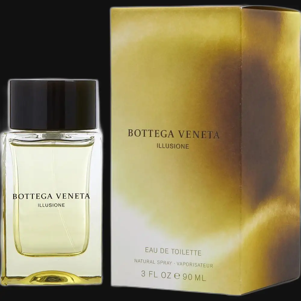 Men's eau de toilette spray with clear bottle and gold Illusione box by Bottega Veneta.
