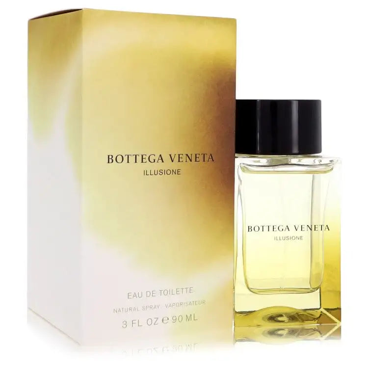 Men's Illusione eau de toilette with clear bottle, black cap, and gold box by Bottega Veneta.
