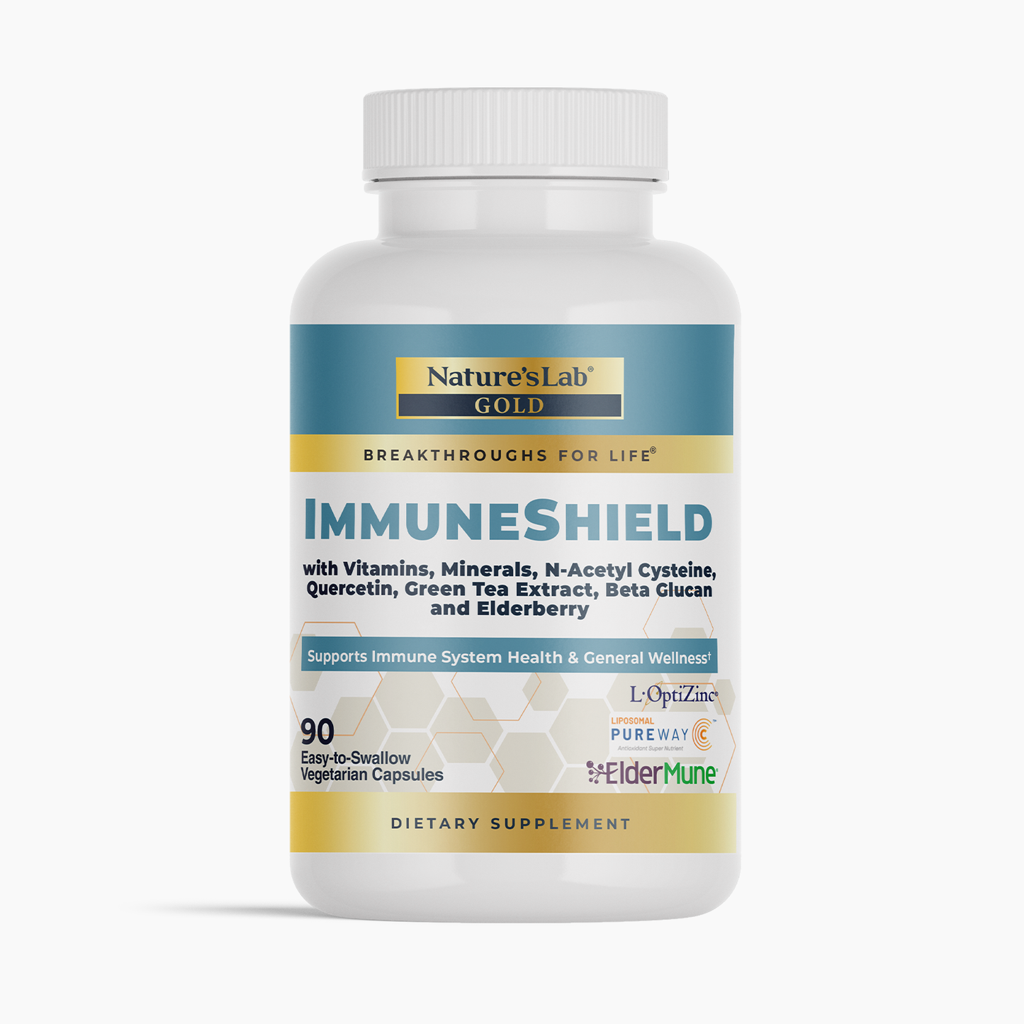 Dietary supplement bottle with blue "ImmuneShield" label and 90 vegetarian capsules