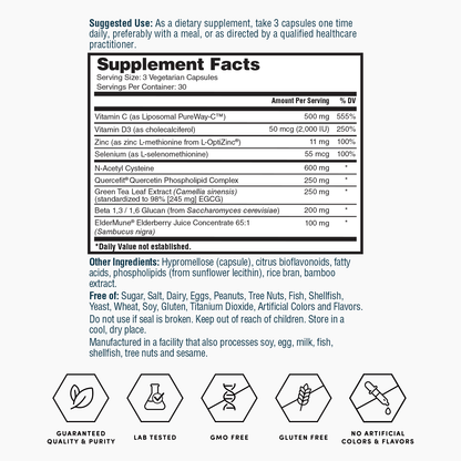 Dietary supplement facts panel with serving size and ingredient amounts for vegetarian capsules