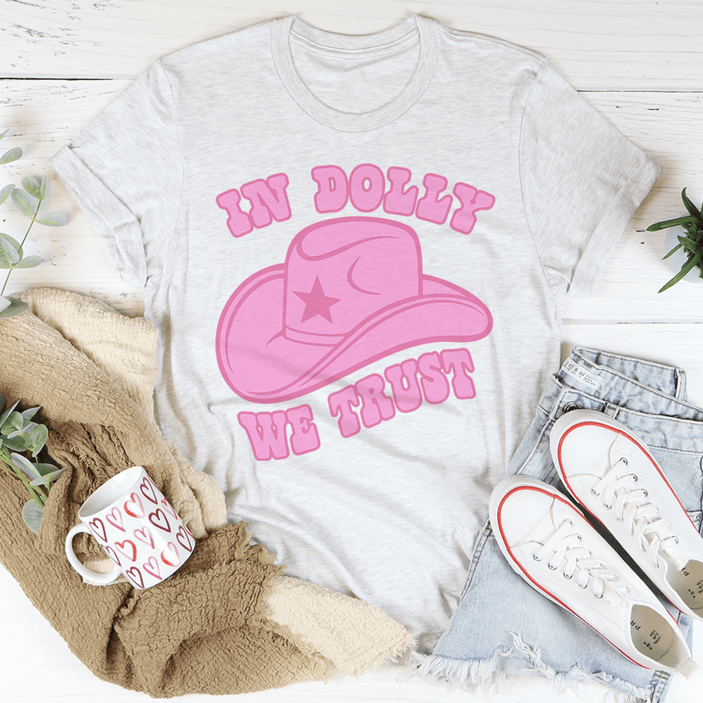 Light gray heather T-shirt with pink cowboy-hat slogan graphic, crew neck