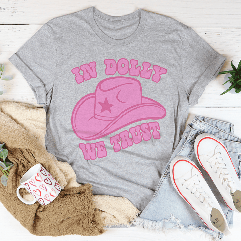Medium gray T-shirt with pink cowboy hat slogan graphic on front, crew neck