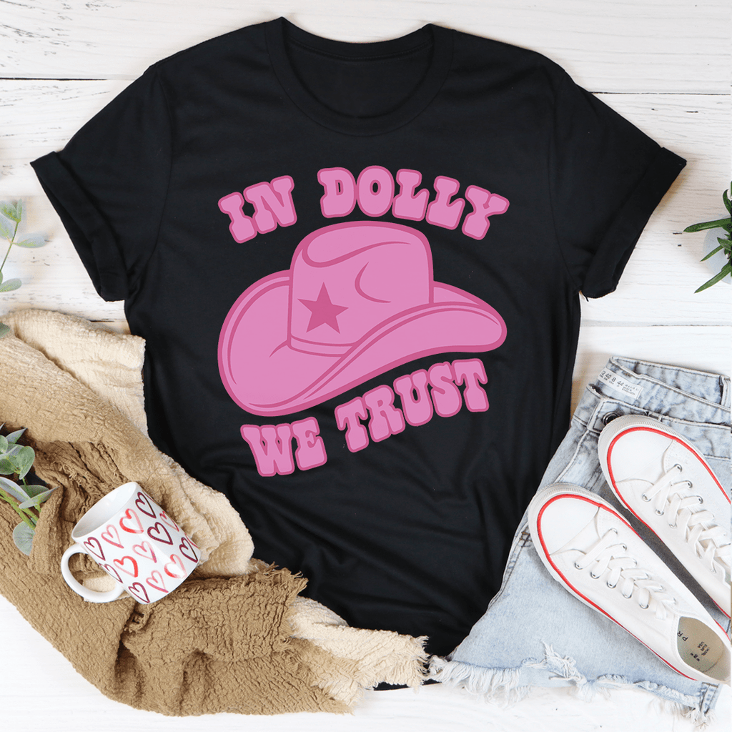 Black T-shirt with pink cowboy hat slogan graphic, crew neck