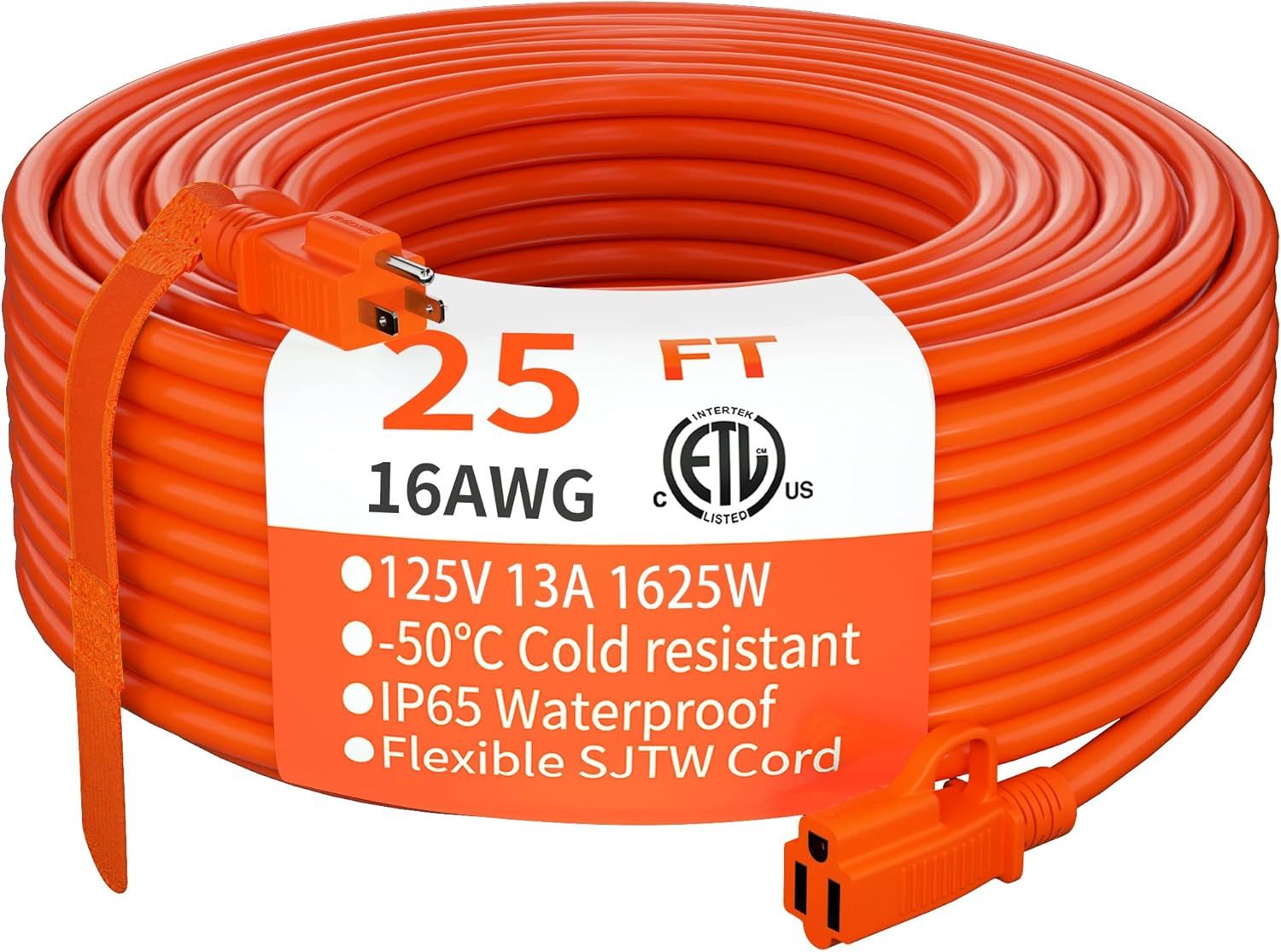 Indoor Outdoor Extension Cord 25 ft Waterproof, 16/3 Gauge Flexible Cold-Resistant Appliance Extension Cord Outside, 13A 1625W 16AWG SJTW, 3 Prong Electric Cable Orange, ETL - Renee Lane Company
