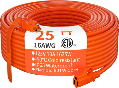Indoor Outdoor Extension Cord 25 ft Waterproof, 16/3 Gauge Flexible Cold-Resistant Appliance Extension Cord Outside, 13A 1625W 16AWG SJTW, 3 Prong Electric Cable Orange, ETL - Renee Lane Company