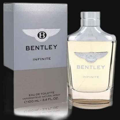 Bentley Infinite men's eau de toilette spray bottle with matching box, clear glass.