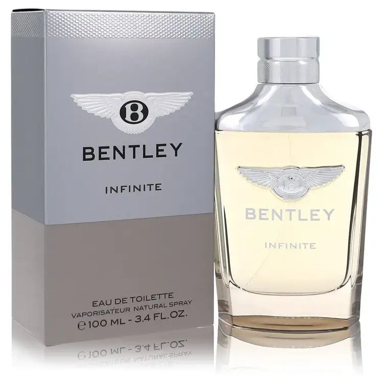 Bentley Infinite eau de toilette bottle and box, silver cap, winged logo on front.