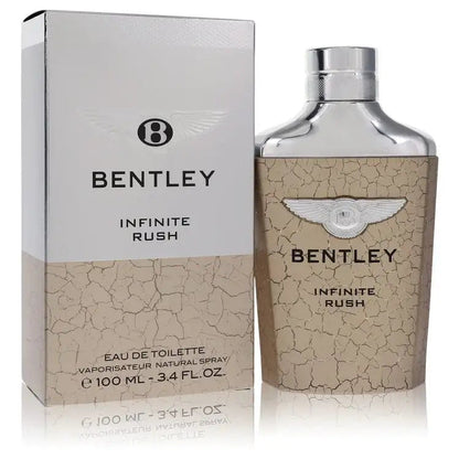 Eau de toilette spray bottle with tan textured label and Bentley Infinite Rush box