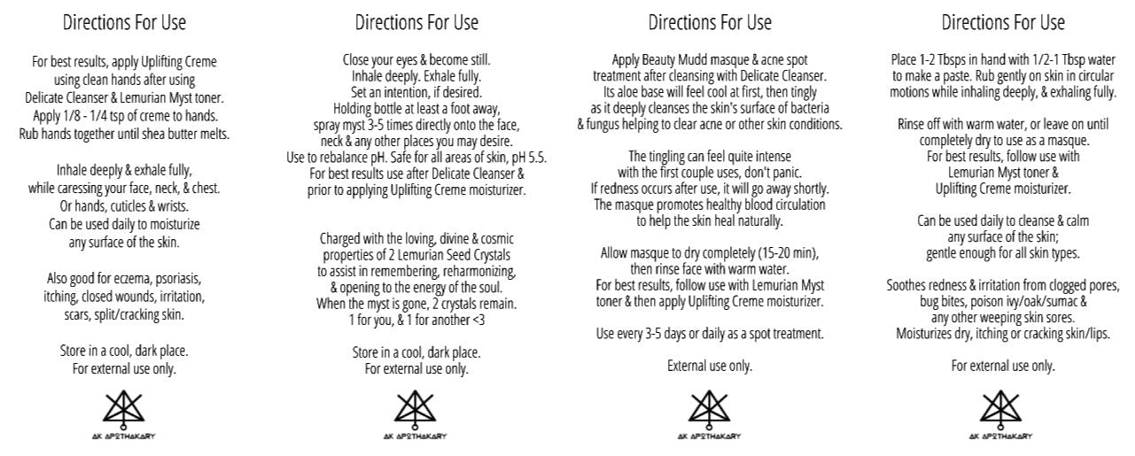 Skincare directions cards with multiple sections and small usage icons