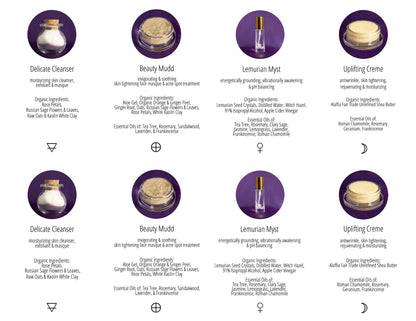 Skincare directions card panels with product icons and ingredient text blocks