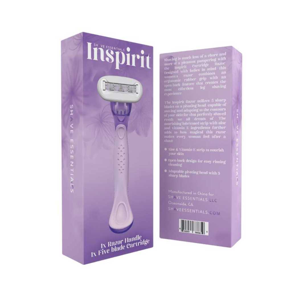 Inspirit cartridge razor box set with purple graphics and product photo