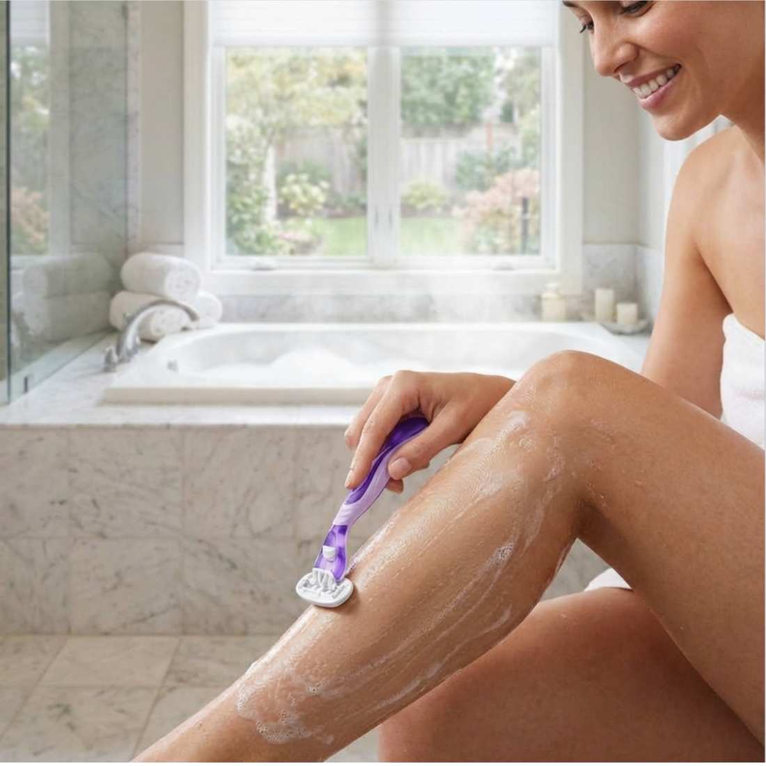 Women's cartridge razor with purple handle, comfort grip and metal blade head
