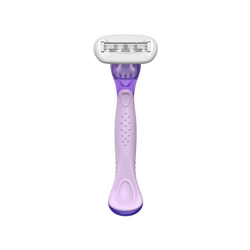 Purple cartridge razor head and handle, viewed from front
