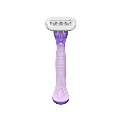 Purple cartridge razor head and handle, viewed from front