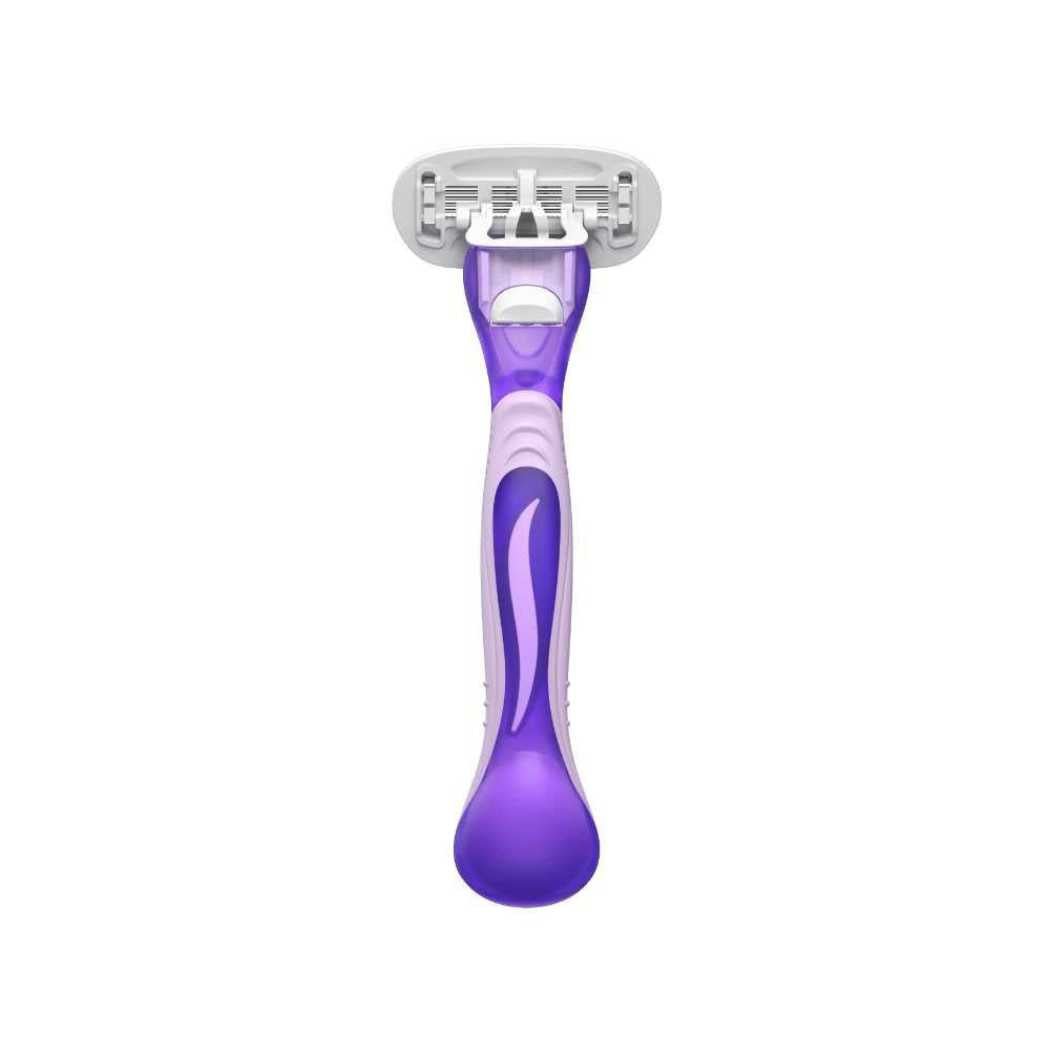 Purple cartridge razor with four-blade head, ergonomic handle
