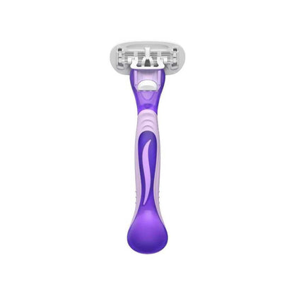 Purple cartridge razor with four-blade head, ergonomic handle