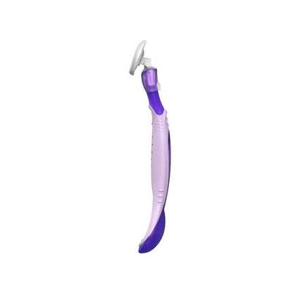 Purple cartridge razor with safety cover, angled side view