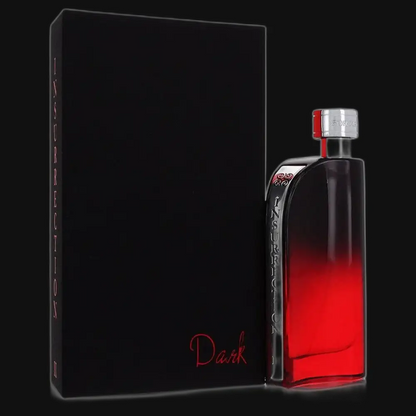 Men's cologne bottle with silver cap, dark glass and red liquid; with black gift box