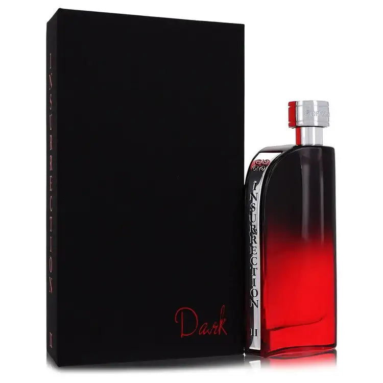 Men's cologne bottle with silver cap, dark glass and red liquid; black rectangular box