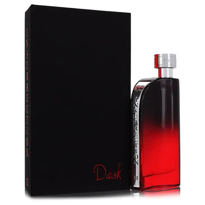 Men's cologne bottle with silver cap, dark glass and red liquid; black rectangular box