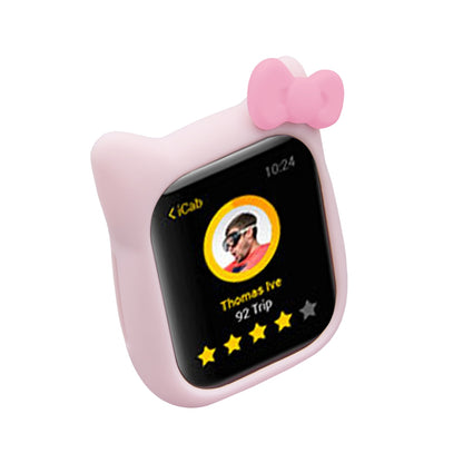 Cat watch cover case for Apple Watch, pink silicone shell with screen opening and bow