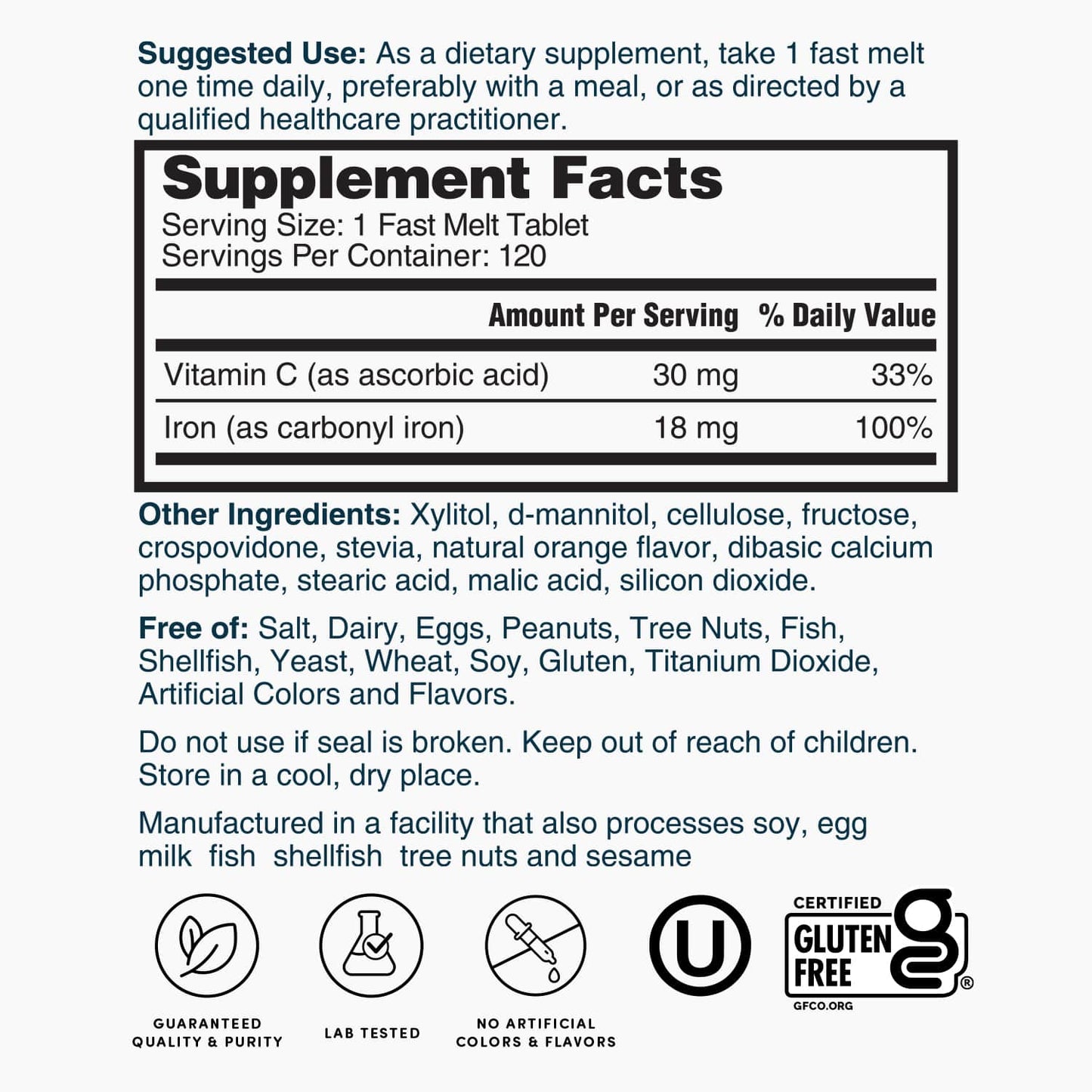 Iron plus vitamin C fast melt tablets Supplement Facts nutrition panel