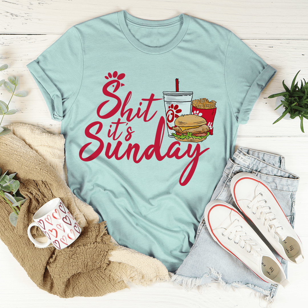 Dusty blue T-shirt with red “Shit It’s Sunday” burger drink graphic