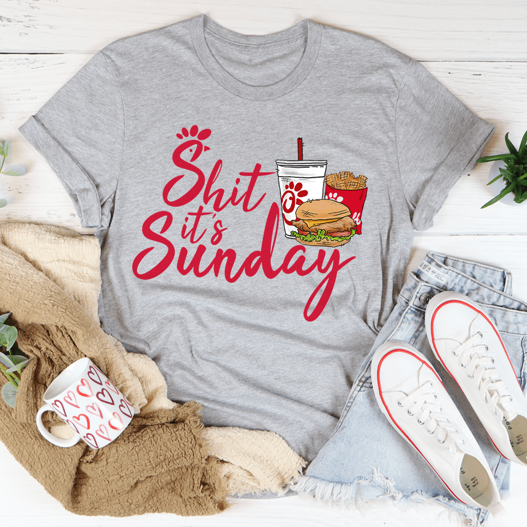 Dark gray crewneck T-shirt with red "Shit It's Sunday" text and paw print graphic