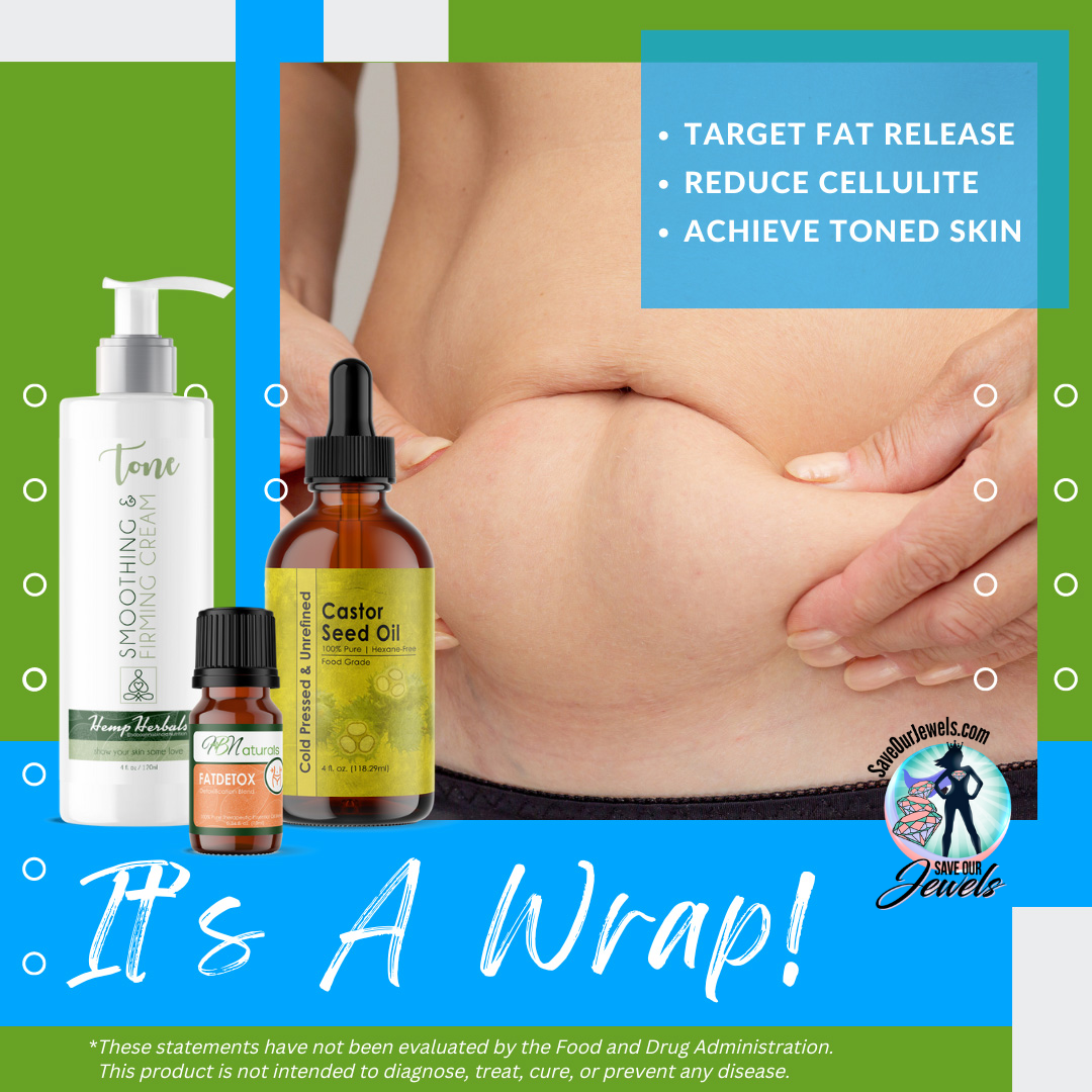 Stomach massage wrap kit with castor seed oil bottle, dropper, and smoothing cream pump