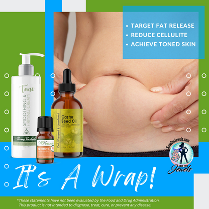 Stomach massage wrap kit with castor seed oil bottle, dropper, and smoothing cream pump