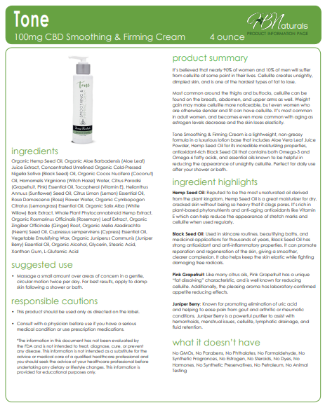 CBD smoothing and firming cream tube with ingredient information leaflet